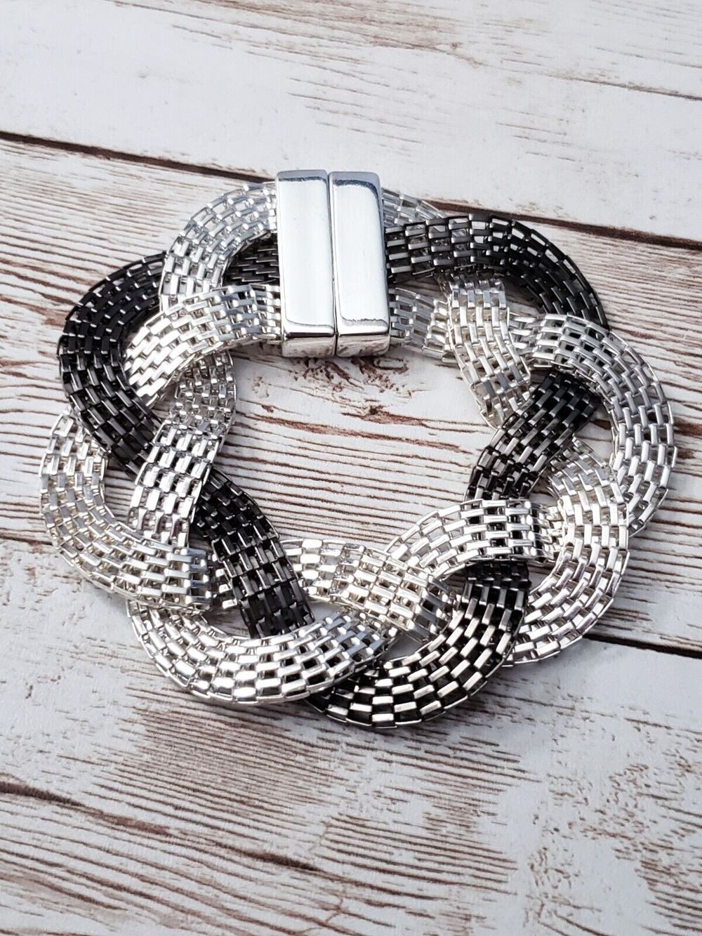 Vintage Bracelet Black & Silver Tone Twisted with Magnetic Clasp